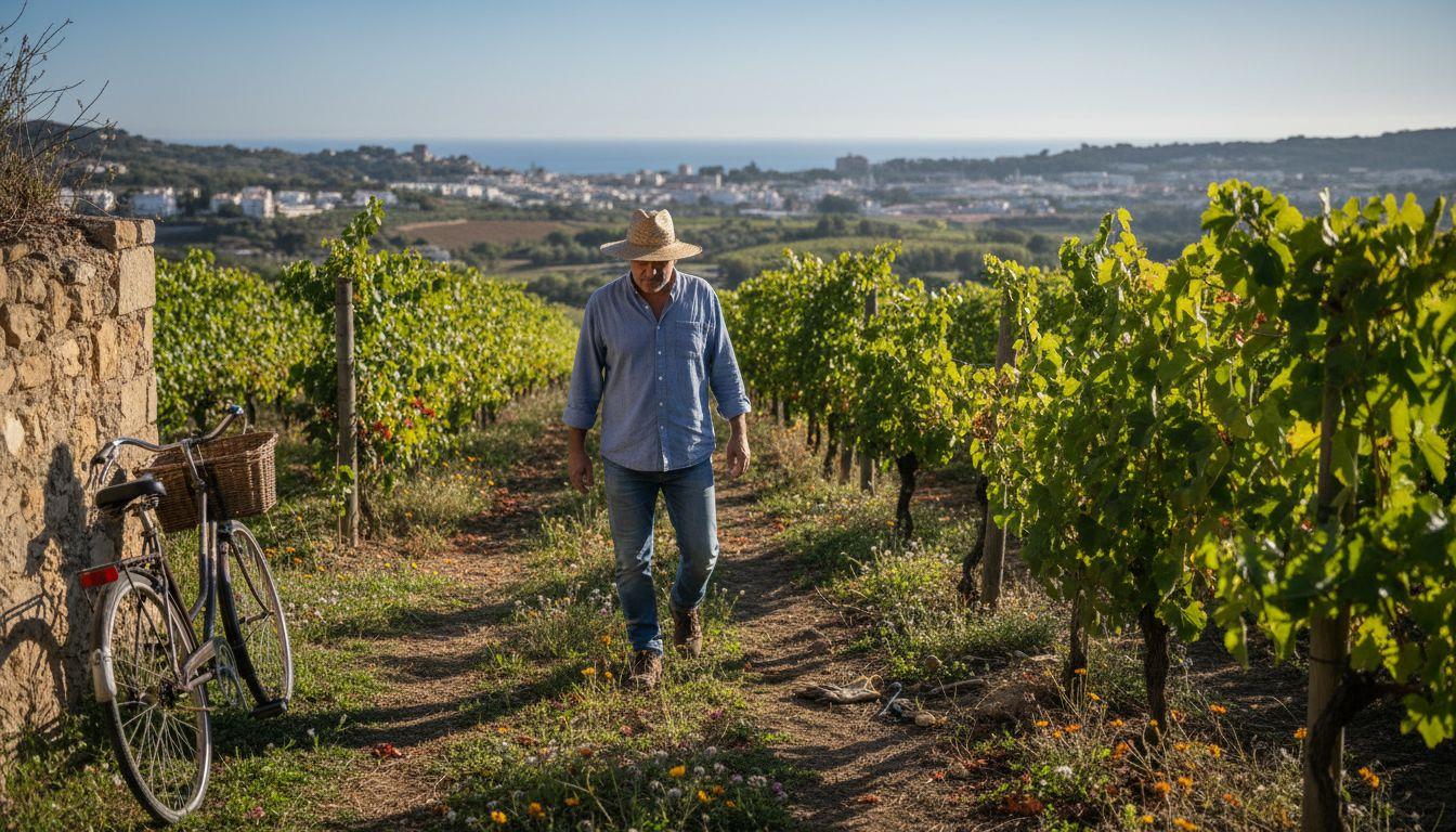 Un vigneron arpente ses parcelles au cœur des paysages ensoleillés de Sitges.