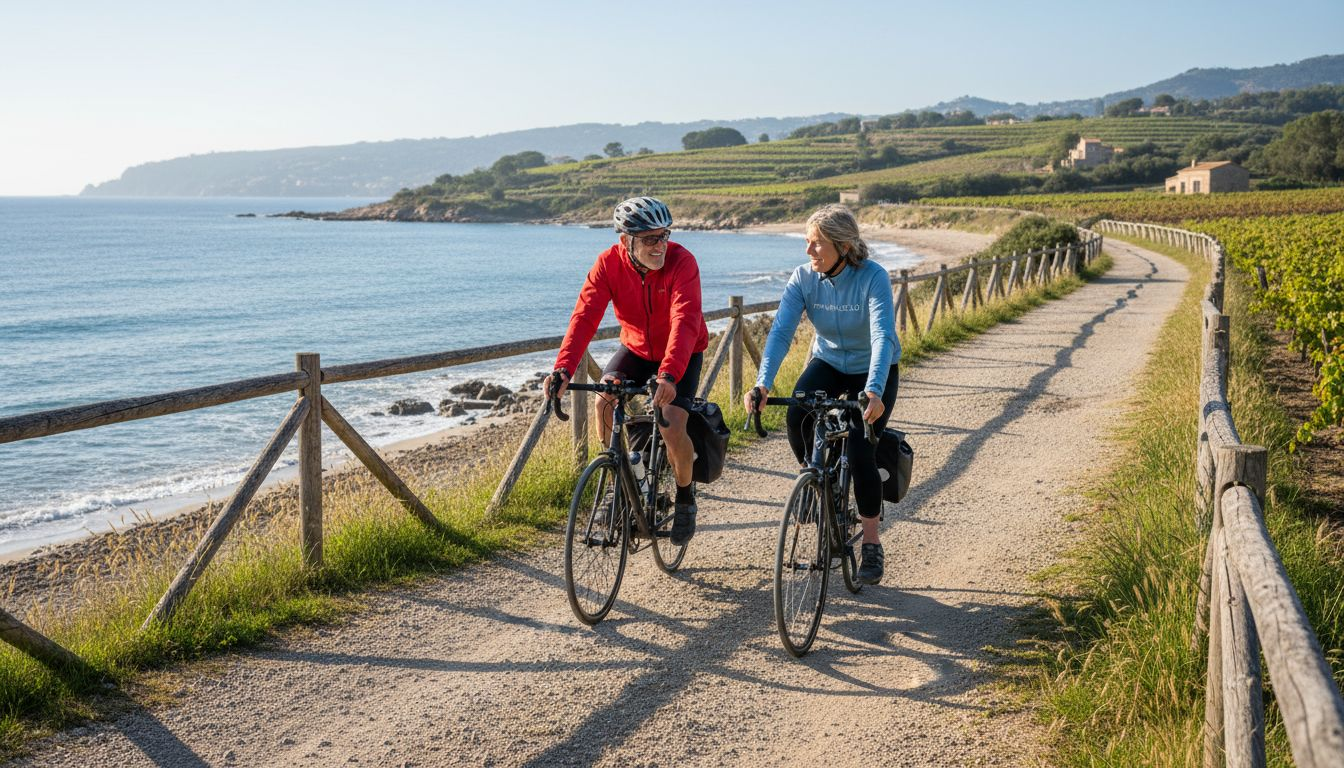 Aux premières lueurs du jour, des cyclistes longent le littoral de Sitges, profitant de la douceur du lever du soleil.