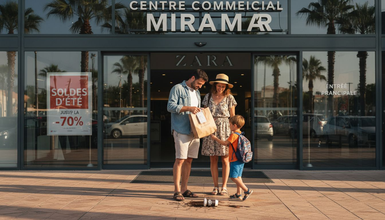 Une famille s’arrête quelques instants devant l’entrée du centre commercial de Sitges.